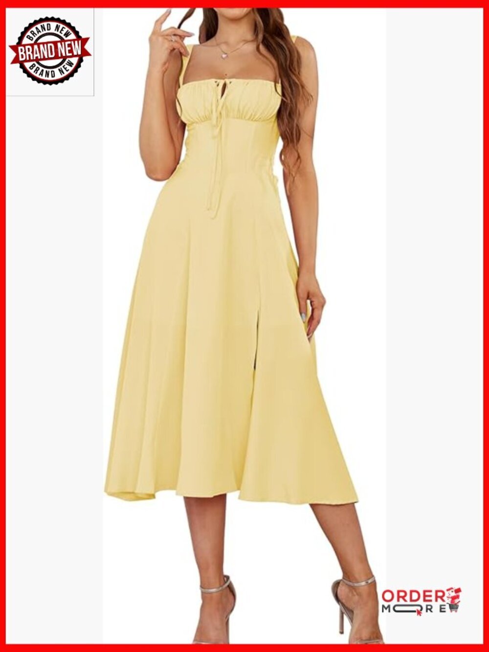 Women Summer Corset Midi Dress Flowy Slit Lace Up A Line Tea Party Wedding Guest